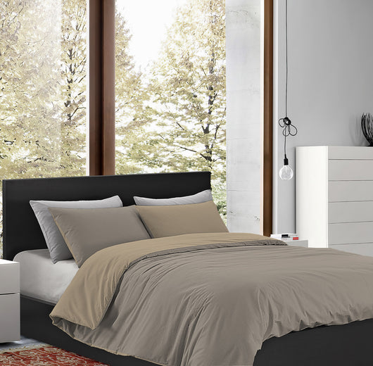 Parure Copripiumino in Flanella Felpato  Bicolore Sacco e Federe Double Face 100% Cotone - Tortora-Beige - Singolo