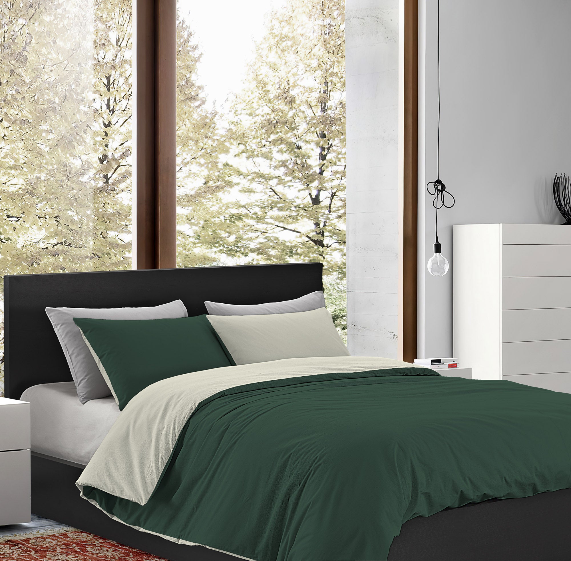 Parure Copripiumino in Flanella Felpato  Bicolore Sacco e Federe Double Face 100% Cotone - Verdone-Beige - Piazza e mezza