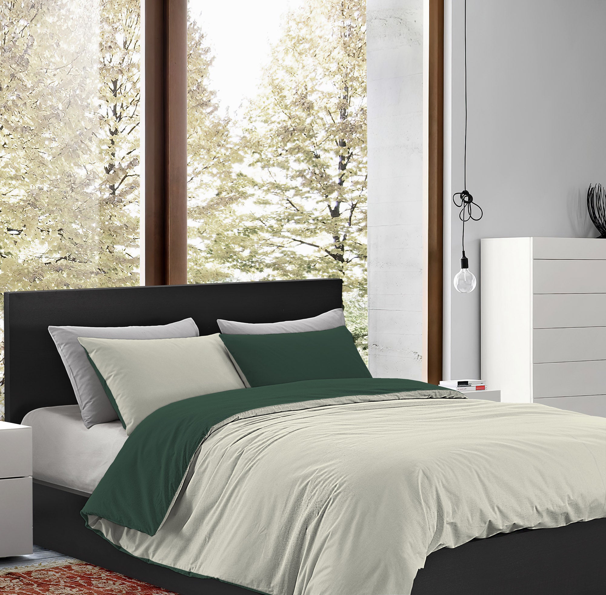 Parure Copripiumino in Flanella Felpato  Bicolore Sacco e Federe Double Face 100% Cotone - Verdone-Beige - Piazza e mezza