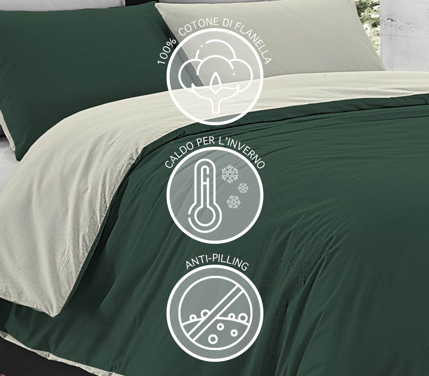 Parure Copripiumino in Flanella Felpato  Bicolore Sacco e Federe Double Face 100% Cotone - Verdone-Beige - Piazza e mezza