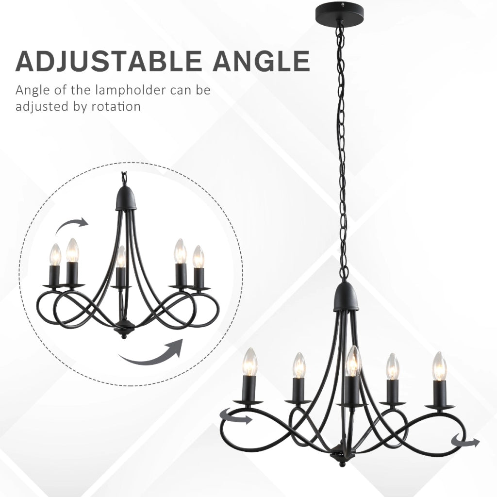 EasyComfort Lampadario a Soffitto Stile Rustico, Acciaio Intrecciato Nero con 5 Candelieri Regolabili e Pieghevoli Ф58 x 45cm