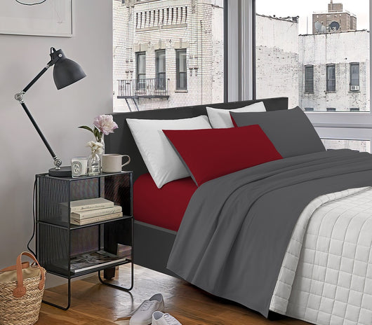 Completo Letto In Morbido Cotone Di Flanella Antipilling Set Lenzuola Bicolore Lenzuolo Sopra Sotto Federe - Bordeaux-Grigioscuro - Singolo