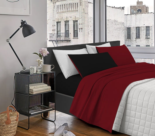 Completo Letto In Morbido Cotone Di Flanella Antipilling Set Lenzuola Bicolore Lenzuolo Sopra Sotto Federe - Bordeaux-Nero - Singolo