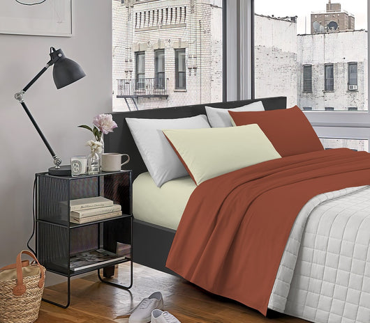 Completo Letto In Morbido Cotone Di Flanella Antipilling Set Lenzuola Bicolore Lenzuolo Sopra Sotto Federe - Terra-Panna - Matrimoniale
