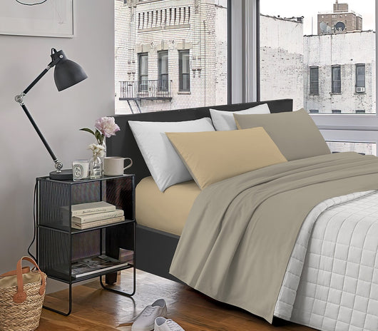 Completo Letto In Morbido Cotone Di Flanella Antipilling Set Lenzuola Bicolore Lenzuolo Sopra Sotto Federe - Tortora-Beige - Piazza e mezza