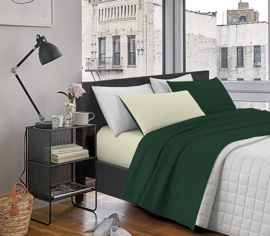 Completo Letto In Morbido Cotone Di Flanella Antipilling Set Lenzuola Bicolore Lenzuolo Sopra Sotto Federe - Verdone-Panna - Piazza e mezza