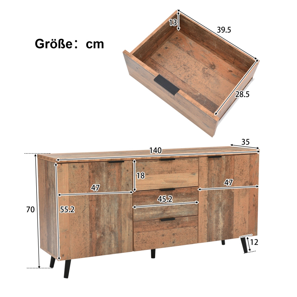 Mobile porta TV con 3 cassetti e ripiani regolabili, per soggiorno, in truciolato, marrone vintage, 140 × 35 × 70 cm