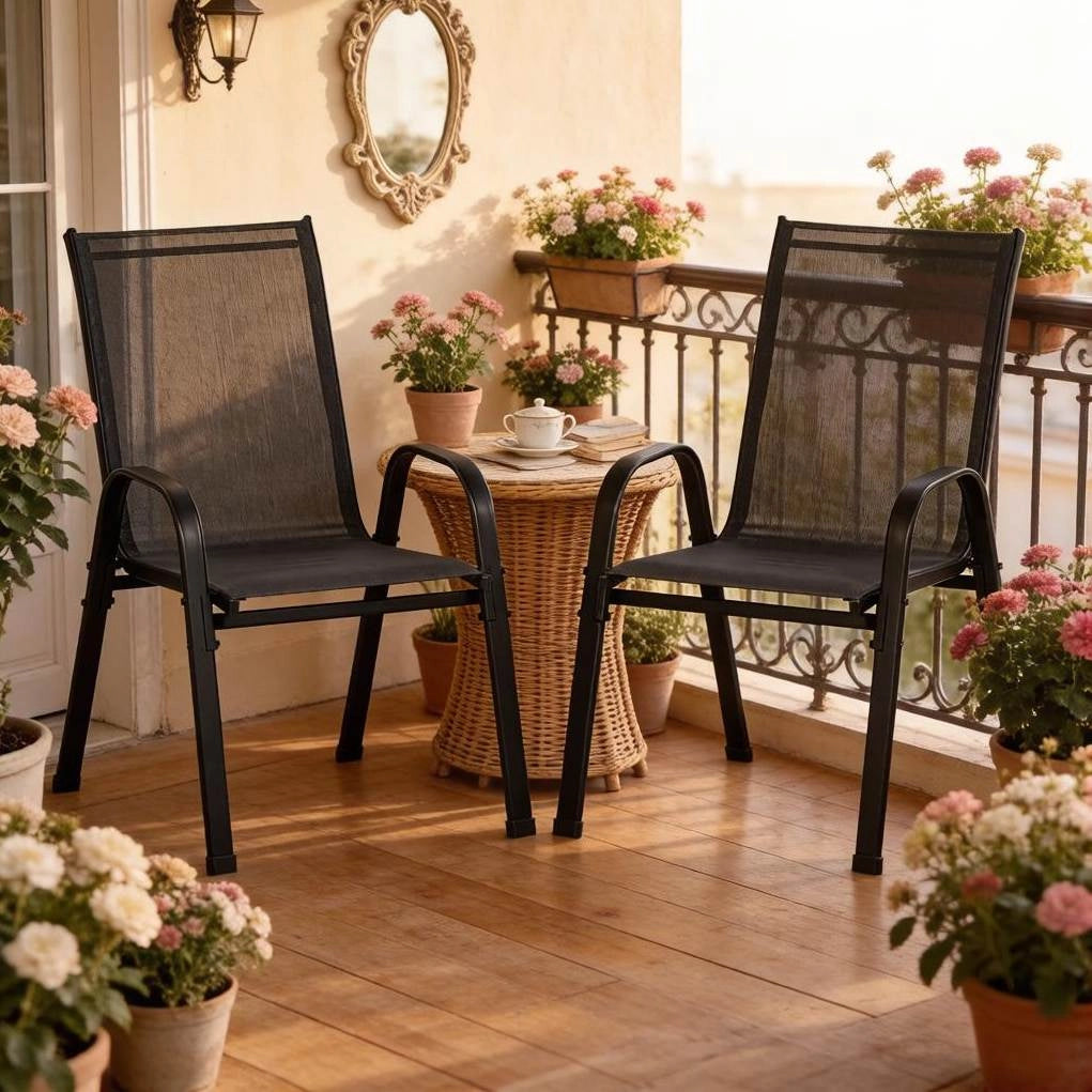 Sedie da giardino impilabili con schienale alto; 55 x 92 x 65 cm; metallo e poliestere; grigio scuro