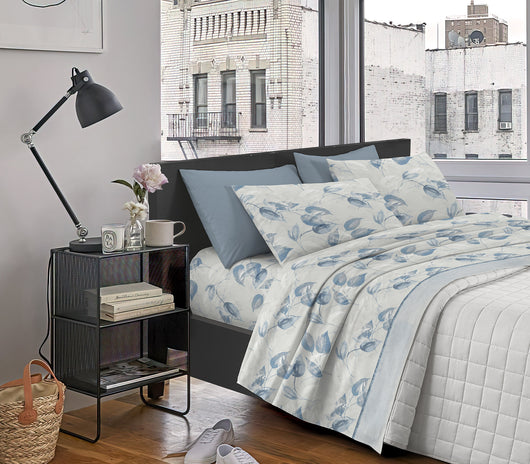 Completo Letto In Cotone Di Flanella Lenzuola Matrimoniali,Parure, Flanella Calda e Morbida,Anti Pilling Felpato Flanellato - Foglie510blu - Matrimoniale