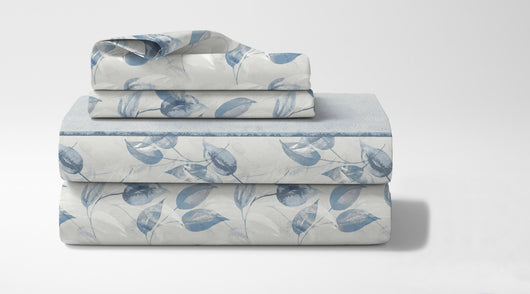 Completo Letto In Cotone Di Flanella Lenzuola Matrimoniali,Parure, Flanella Calda e Morbida,Anti Pilling Felpato Flanellato - Foglie510blu - Matrimoniale