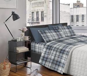 Completo Letto In Cotone Di Flanella Lenzuola Matrimoniali,Parure, Flanella Calda e Morbida,Anti Pilling Felpato Flanellato - TartanDenim512 - Matrimoniale