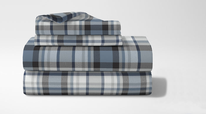 Completo Letto In Cotone Di Flanella Lenzuola Matrimoniali,Parure, Flanella Calda e Morbida,Anti Pilling Felpato Flanellato - TartanDenim512 - Matrimoniale