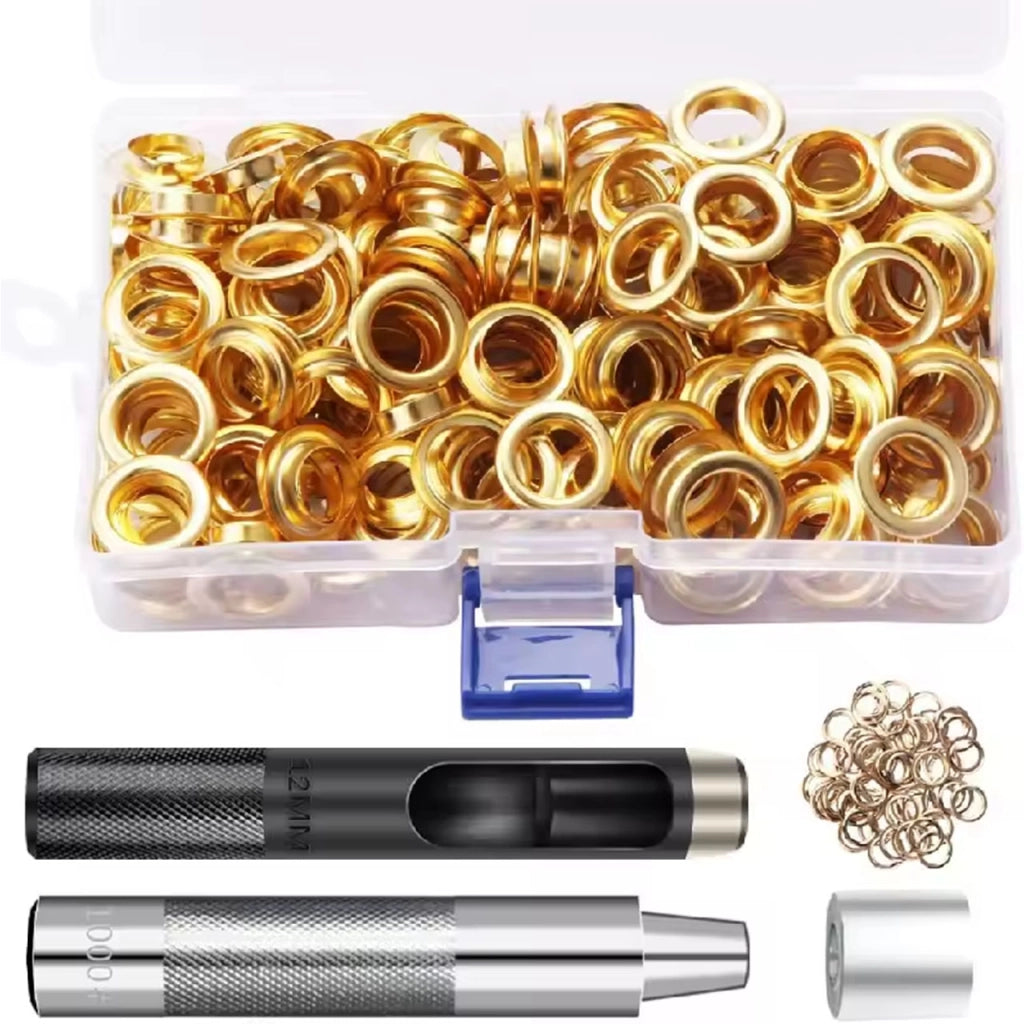 Set Occhielli FixTool GoldSet 12mm ProKit – 100 Pezzi in Metallo Dorato con Punzonatrice e Rivettatrice