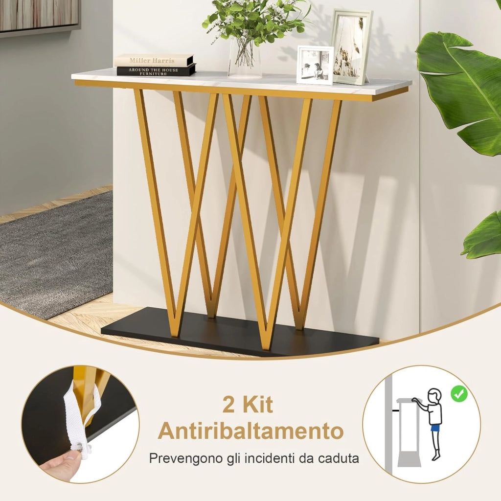Tavolo Consolle, Tavolo da Ingresso Moderno con Piano in Marmo Finto e Struttura in Metallo e Base per Ripostiglio, Tavolino Stretto e Multiuso per Soggiorno, Ingresso e Corridoio
