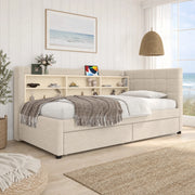 Letto singolo 90 ¡Á 200 cm con rete a doghe in lino beige due cassetti prese USB e Type C