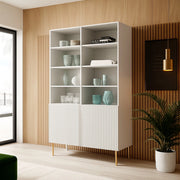 Libreria Estarreja, Mobile portalibri con vani aperti e due ante, Rialzato da terra, 100x42 h177 cm, Bianco