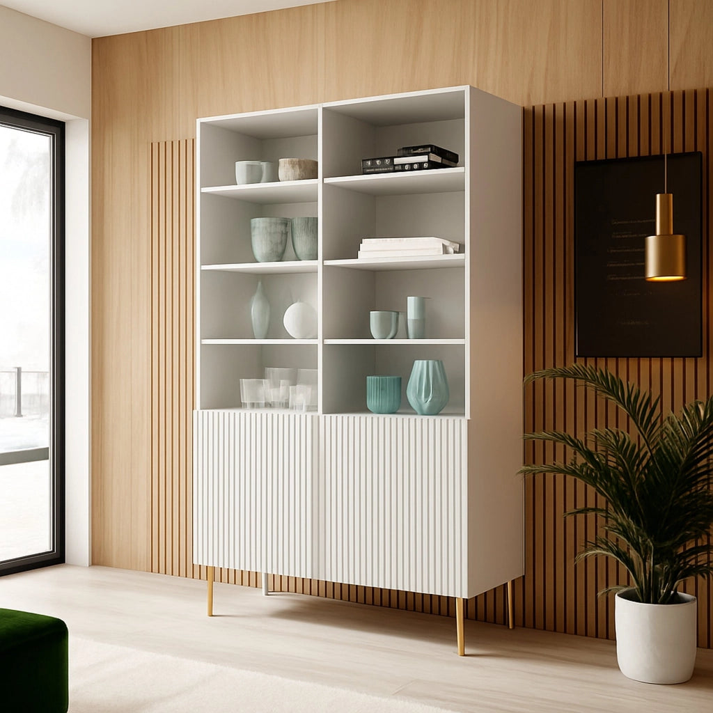 Libreria Estarreja, Mobile portalibri con vani aperti e due ante, Rialzato da terra, 100x42 h177 cm, Bianco