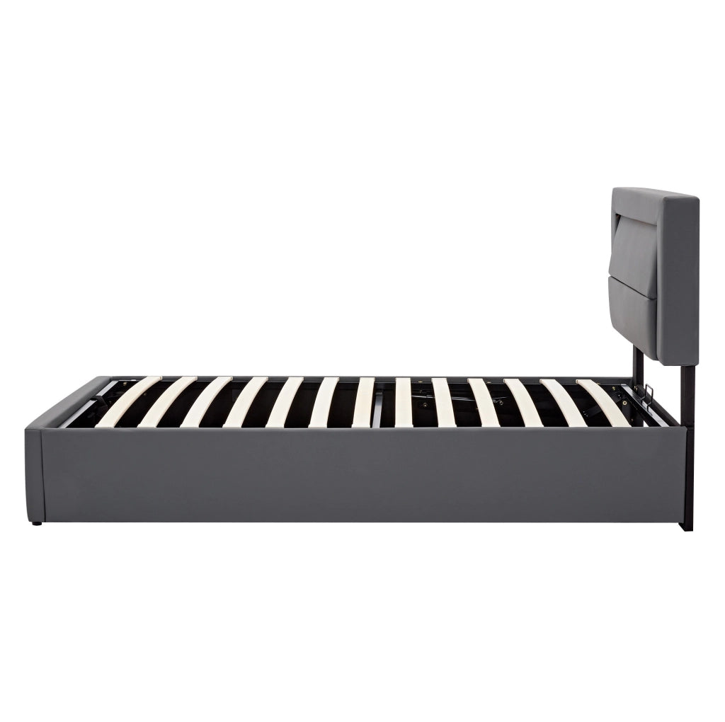 Letto imbottito 90x190 cm; USB e LED; con spazio contenitore; PU grigio (Senza materasso)