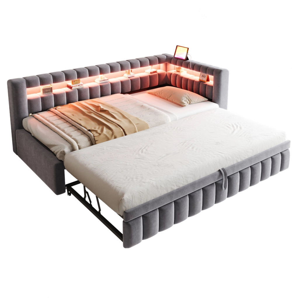 Divano letto imbottito estraibile 90x200 cm con LED, porta USB e vano portaoggetti, grigio