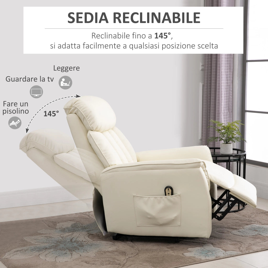 Poltrona Elettrica Reclinabile Alzapersona in Pelle PU con Poggiapiedi ¨C Minimal ¨C Crema