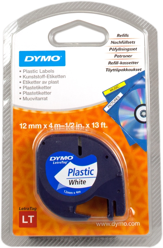 DYMO LetraTag etichette originali in plastica / rotolo da 12 mm x 4 m / stampa nera su bianco / LT etichette autoadesive per etichettatrice LetraTag / 1 pezzo