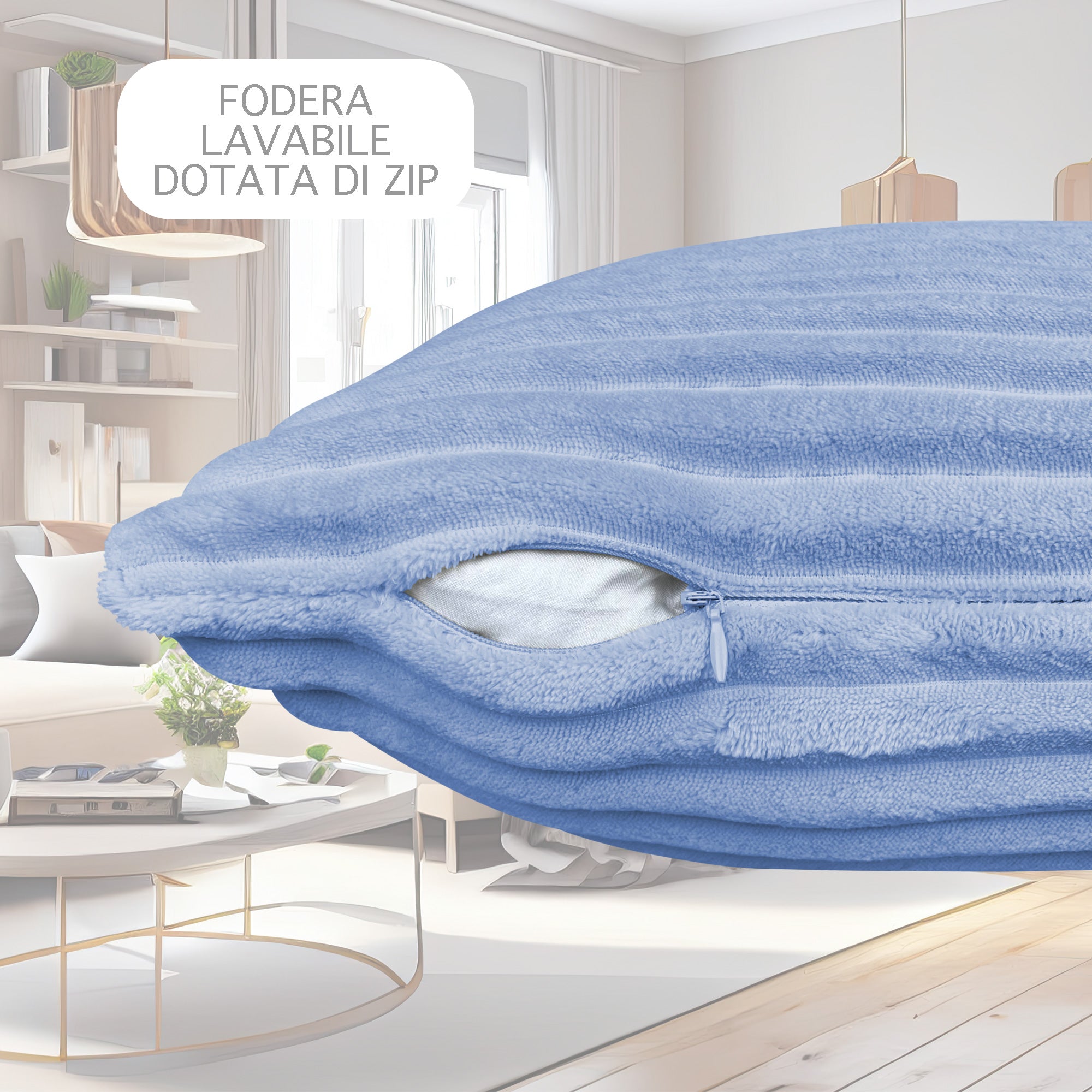 Cuscino In Ciniglia Quadrato Anima Compresa 50 x 50 Con Zip Fodera Moderna Super Morbido Per Divano Camera Letto Copri Cuscini Con Imbottitura - Azzurro