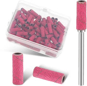 Set di abrasivi a forma di cilindro 100 pezzi, set di cilindri abrasivi 180 GRIT, strisce abrasive per foro per unghie, strisce abrasive per unghie rossa con astuccio e 1 foro per unghie in metallo argentato.