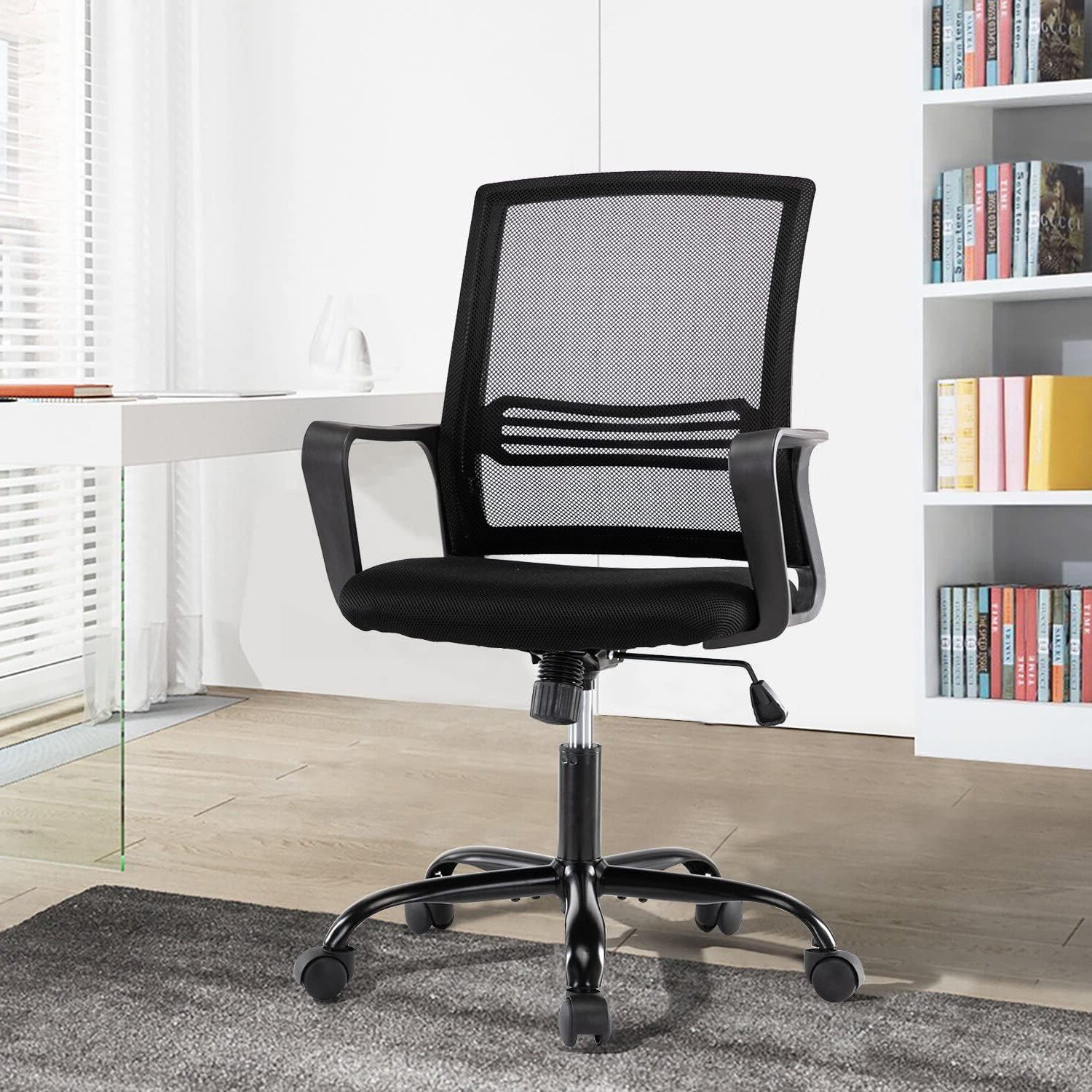 Sedia Da Ufficio In Rete,Supporto Lombare Regolabile In Altezza,Girevole,Poltrona Da Scrivania Con Seduta Traspirante Inclinazione Ad Ondeggiamento Pistone Gas - Nero