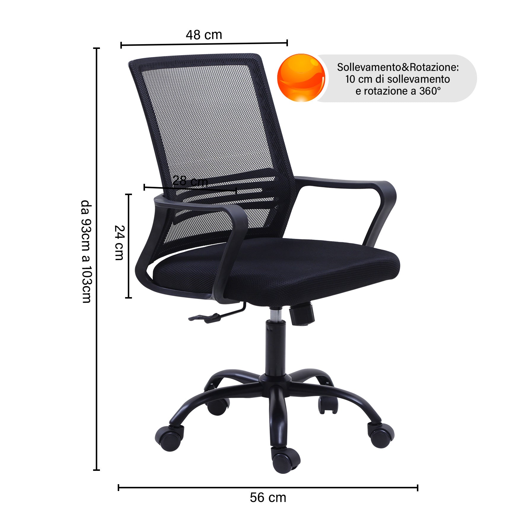 Sedia Da Ufficio In Rete,Supporto Lombare Regolabile In Altezza,Girevole,Poltrona Da Scrivania Con Seduta Traspirante Inclinazione Ad Ondeggiamento Pistone Gas - Nero