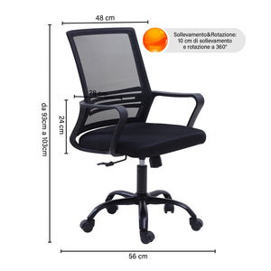 Sedia Da Ufficio In Rete,Supporto Lombare Regolabile In Altezza,Girevole,Poltrona Da Scrivania Con Seduta Traspirante Inclinazione Ad Ondeggiamento Pistone Gas - Nero