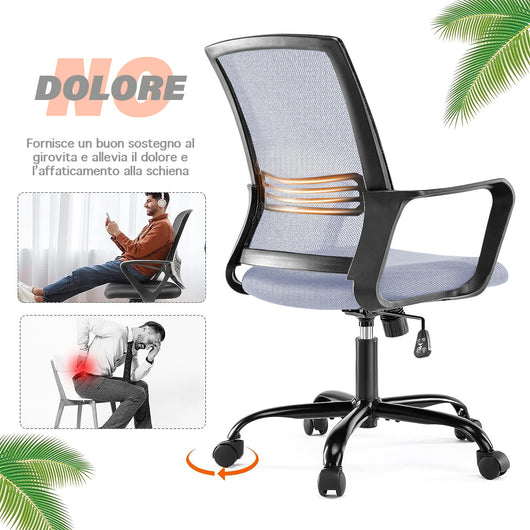 Sedia Da Ufficio In Rete,Supporto Lombare Regolabile In Altezza,Girevole,Poltrona Da Scrivania Con Seduta Traspirante Inclinazione Ad Ondeggiamento Pistone Gas - Grigio
