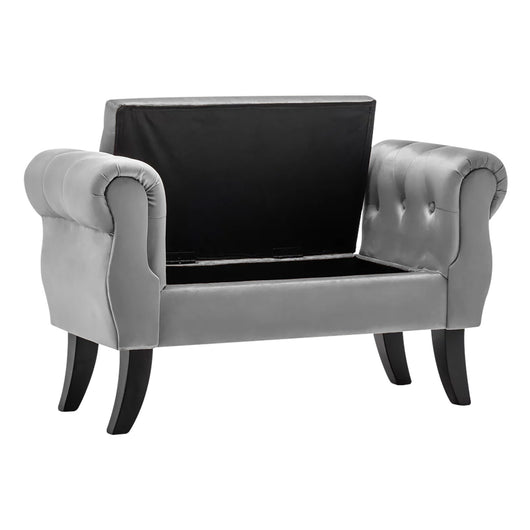Divanetto In Velluto Panca Contenitore Pouf PortaOggetti Panca Sgabello A Pie Di Letto Cassapanca Ingresso Legno Massello Panchina - GrigioChiaro