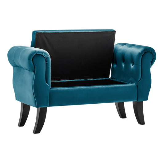 Divanetto In Velluto Panca Contenitore Pouf PortaOggetti Panca Sgabello A Pie Di Letto Cassapanca Ingresso Legno Massello Panchina - Petrolio