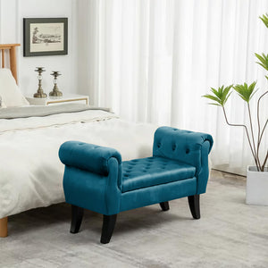 Divanetto In Velluto Panca Contenitore Pouf PortaOggetti Panca Sgabello A Pie Di Letto Cassapanca Ingresso Legno Massello Panchina - Petrolio