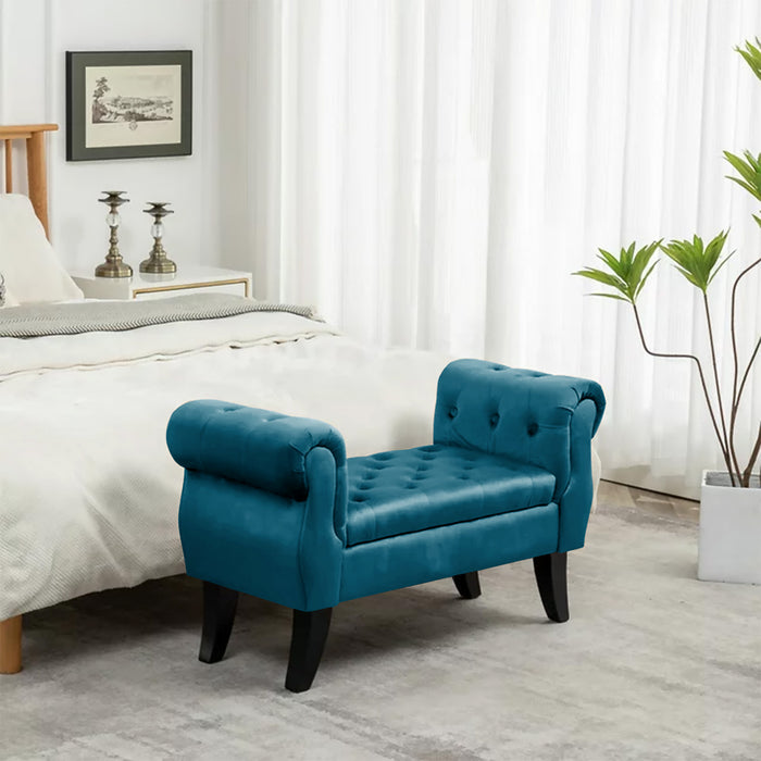 Divanetto In Velluto Panca Contenitore Pouf PortaOggetti Panca Sgabello A Pie Di Letto Cassapanca Ingresso Legno Massello Panchina - Petrolio