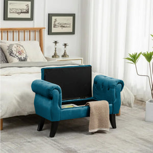 Divanetto In Velluto Panca Contenitore Pouf PortaOggetti Panca Sgabello A Pie Di Letto Cassapanca Ingresso Legno Massello Panchina - Petrolio