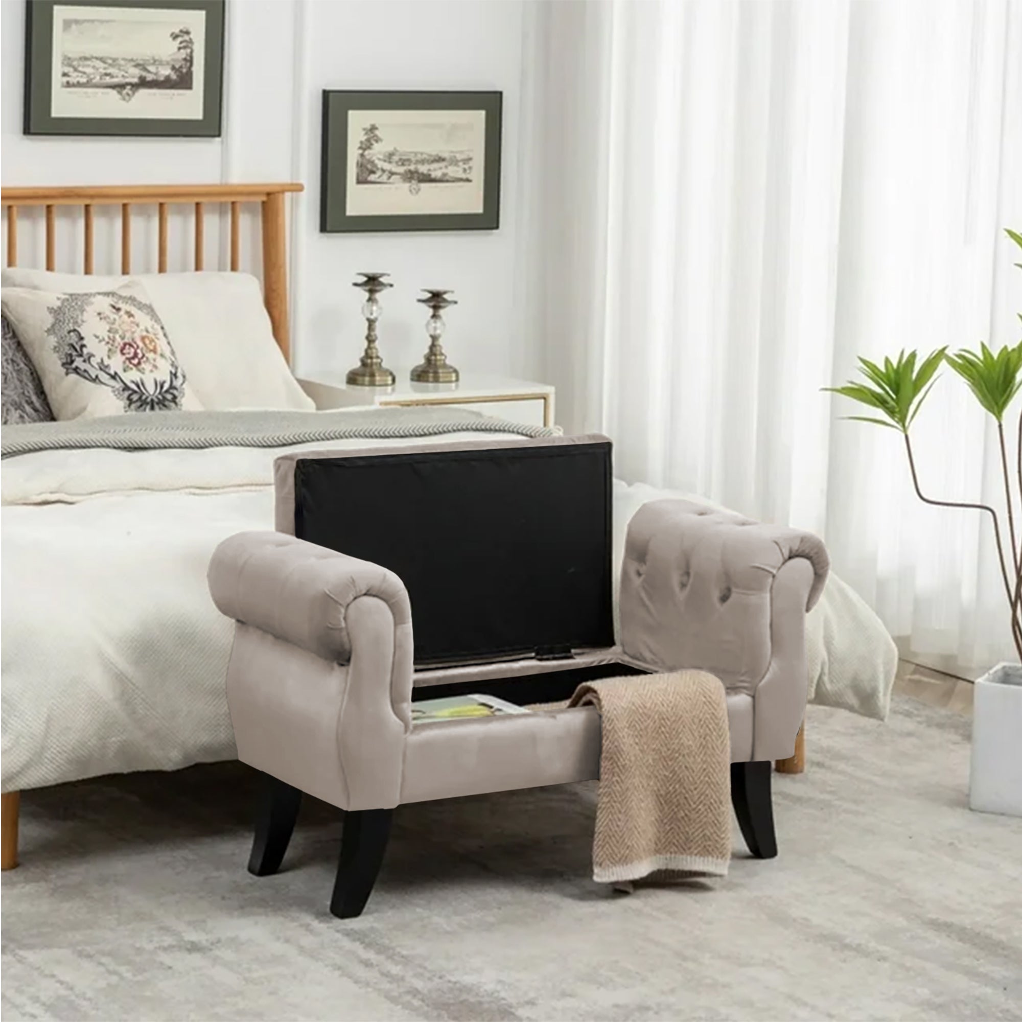 Divanetto In Velluto Panca Contenitore Pouf PortaOggetti Panca Sgabello A Pie Di Letto Cassapanca Ingresso Legno Massello Panchina - Tortora