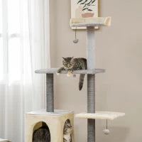 Tiragraffi per Gatti Alto 156cm con Lettino, Casetta e Pali Tiragraffi in Sisal