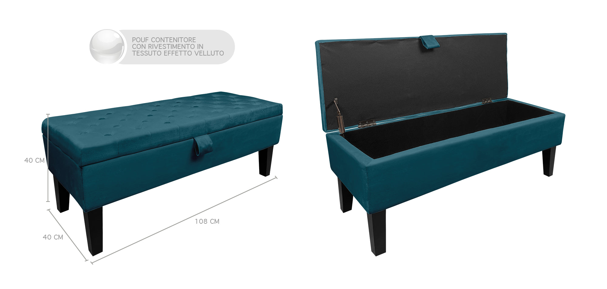 Divanetto In Velluto Panca Contenitore Pouf PortaOggetti Panca Sgabello A Pie Di Letto Cassapanca Ingresso Legno Massello Panchina - Petrolio