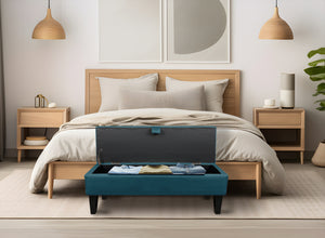 Divanetto In Velluto Panca Contenitore Pouf PortaOggetti Panca Sgabello A Pie Di Letto Cassapanca Ingresso Legno Massello Panchina - Petrolio