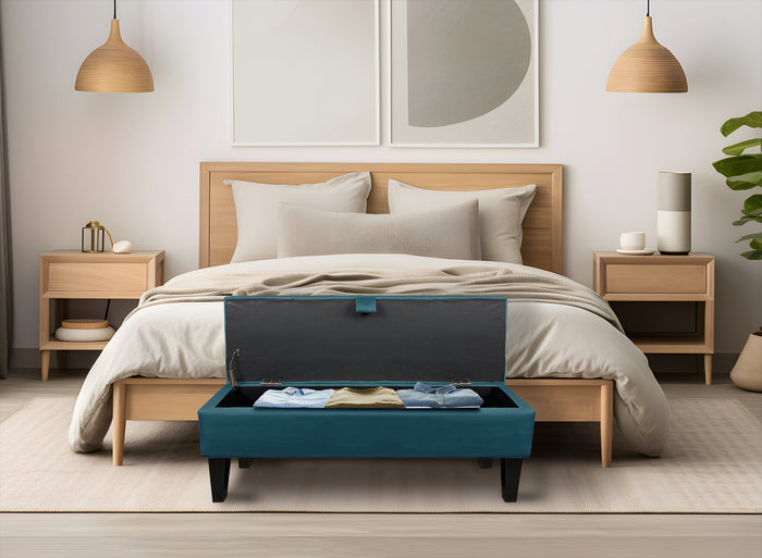 Divanetto In Velluto Panca Contenitore Pouf PortaOggetti Panca Sgabello A Pie Di Letto Cassapanca Ingresso Legno Massello Panchina - Petrolio