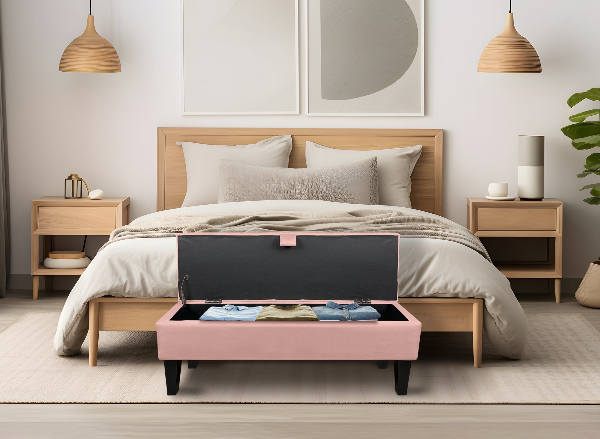 Divanetto In Velluto Panca Contenitore Pouf PortaOggetti Panca Sgabello A Pie Di Letto Cassapanca Ingresso Legno Massello Panchina - Rosa