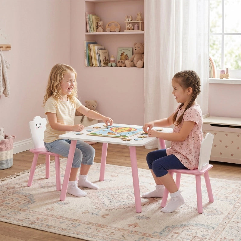 Tavolo per bambini con 2 sedie, set 3 pezzi, bordi arrotondati, per camera bambini, rosa, in legno ingegnerizzato