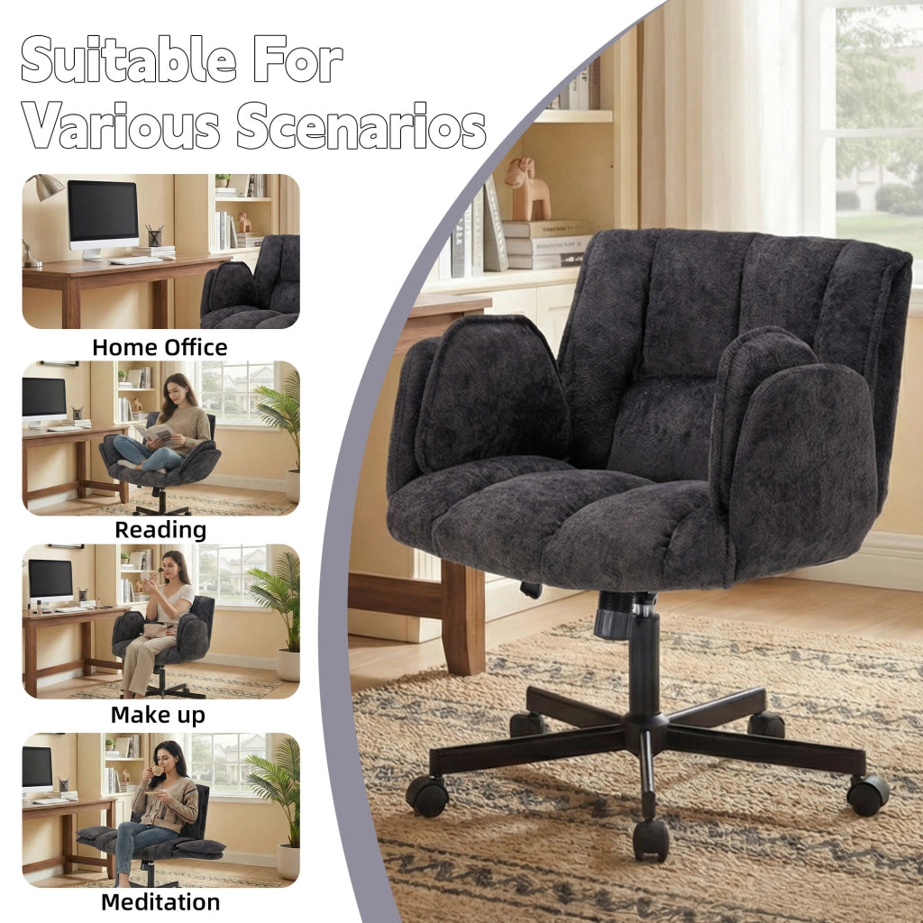 Chaise de bureau girevole con braccioli ribaltabili e supporto lombare gonfiabile in tessuto nero con ruote silenziose