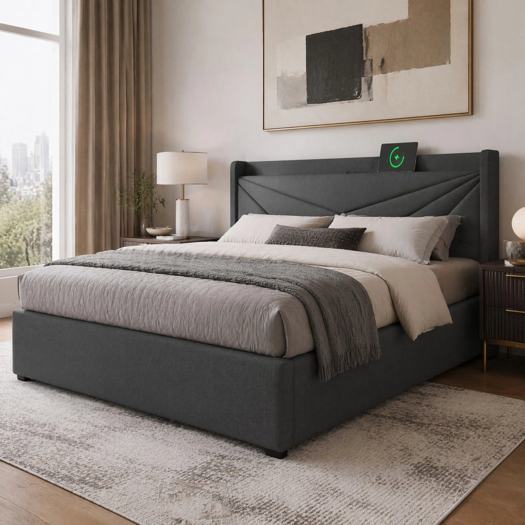 Letto matrimoniale con contenitore 140 × 200 cm con USB e Type-C testiera imbottita in cotone e lino grigio