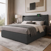 Letto matrimoniale con contenitore 140 × 200 cm con USB e Type-C testiera imbottita in cotone e lino grigio