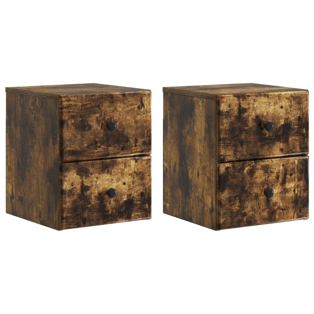 Set di 2 Comodini | Armadio da Notte | Mobiletto da notte a muro Rovere Fumo 34,5 x 33 x 40 cm