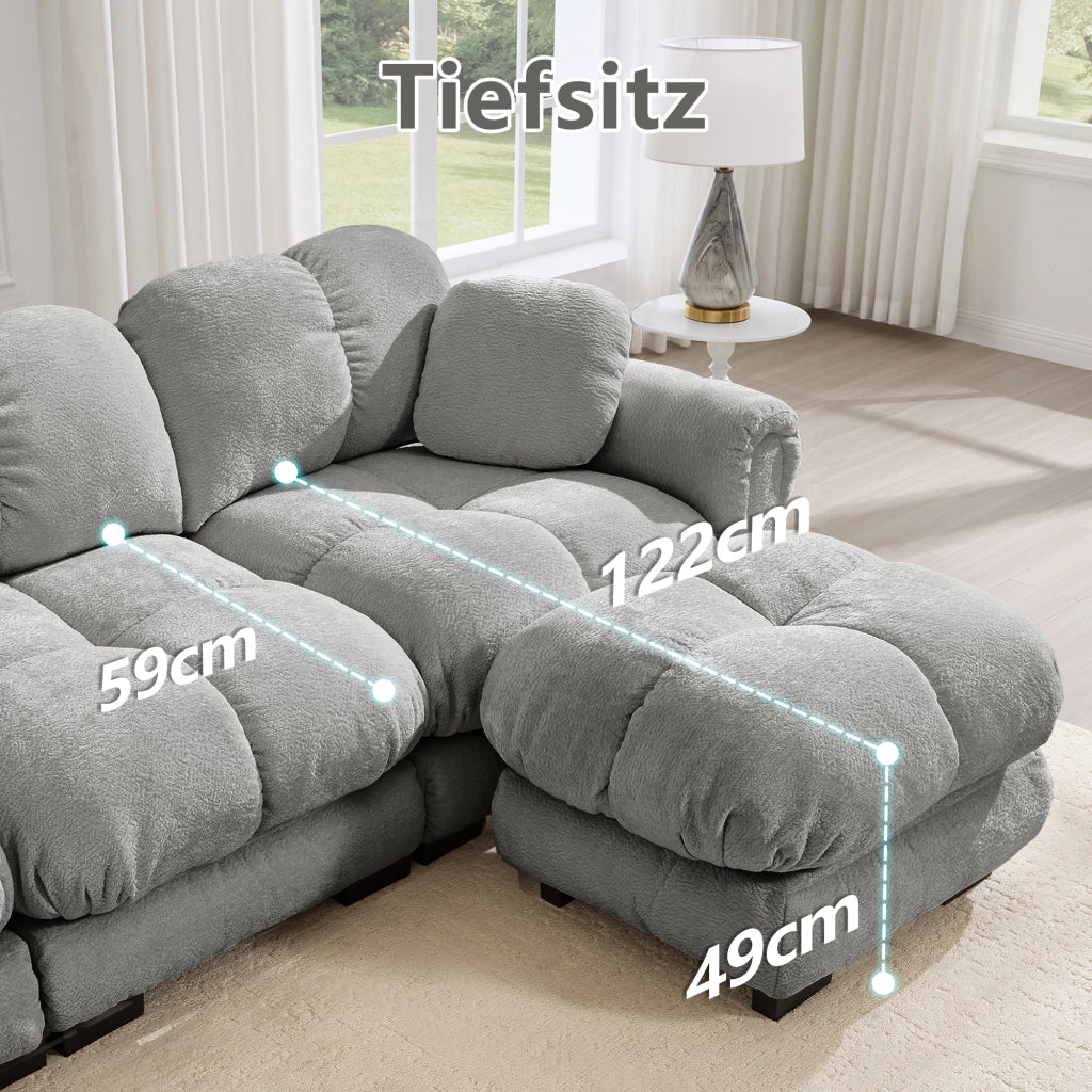 Divano angolare modulare a 2 posti in ciniglia con cuscini trapuntati e pouf mobile grigio chiaro 190 × 149 × 90 cm
