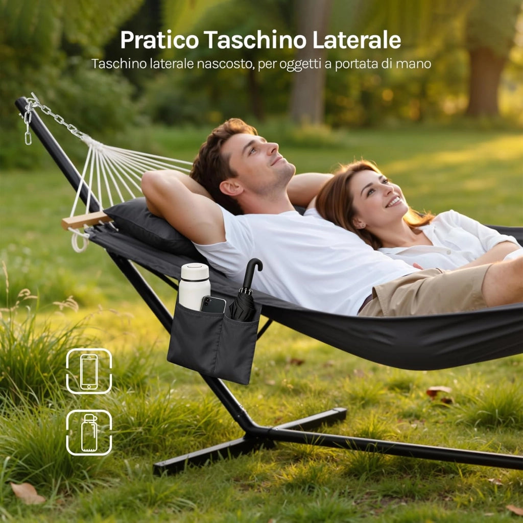 Amaca da Giardino con Supporto, Tasca Laterale e Cuscino, Capacità di Carico 250 kg, Ampia Amaca Doppia per Terrazza, Balcone, Campeggio, Antracite