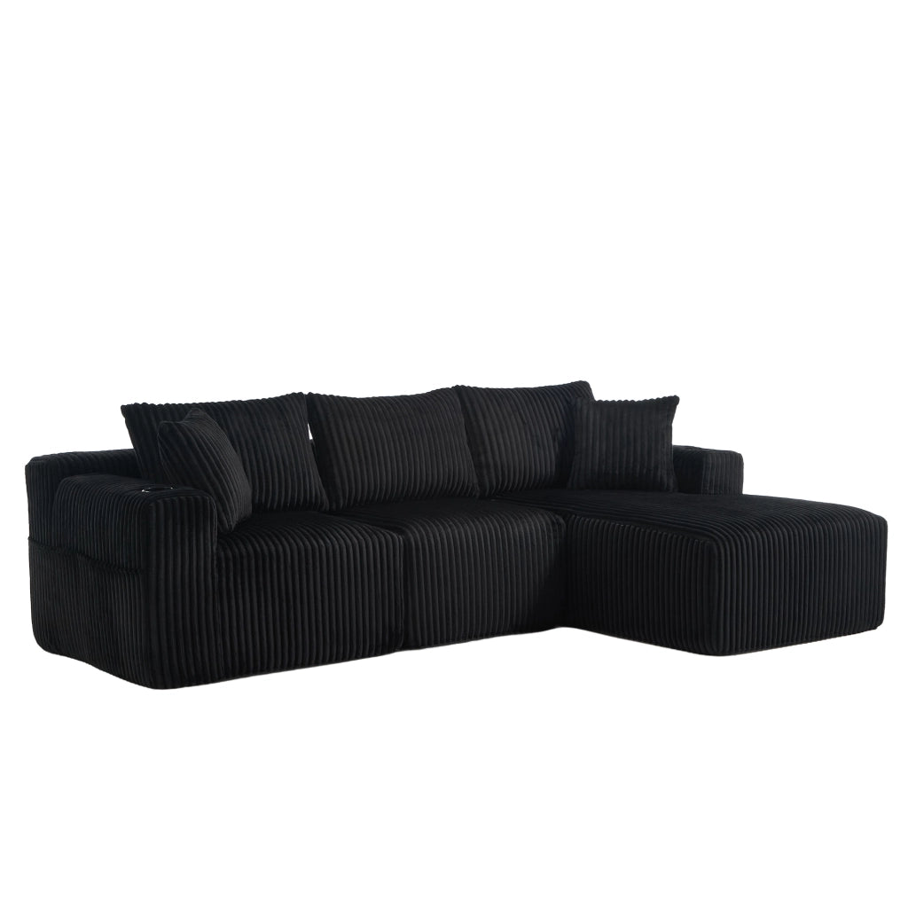 Divano modulare nero in velluto a coste con chaise longue